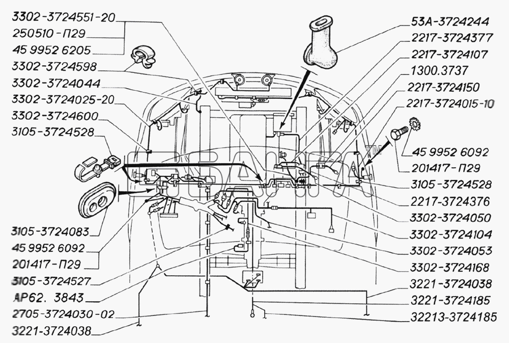 ГАЗ ГАЗ-3221 (2006) Схема Установка электропроводов в моторном отсеке